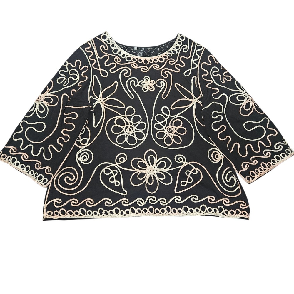 Carole Little VTG Soutache Embroidered Blouse Top Black Pink Floral Sz 2X
